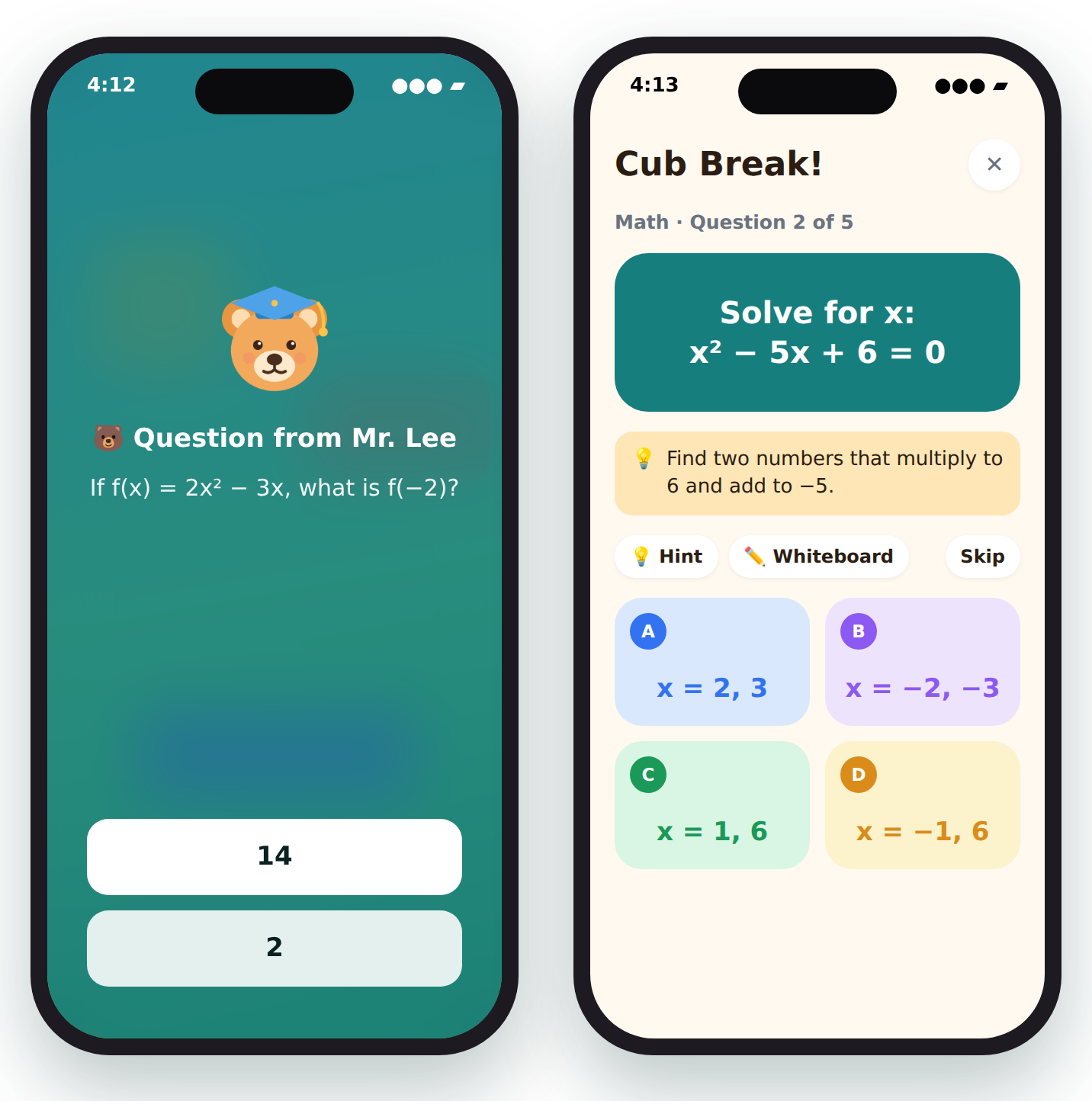 The CubTutor app on a kid's phone and a parent's phone